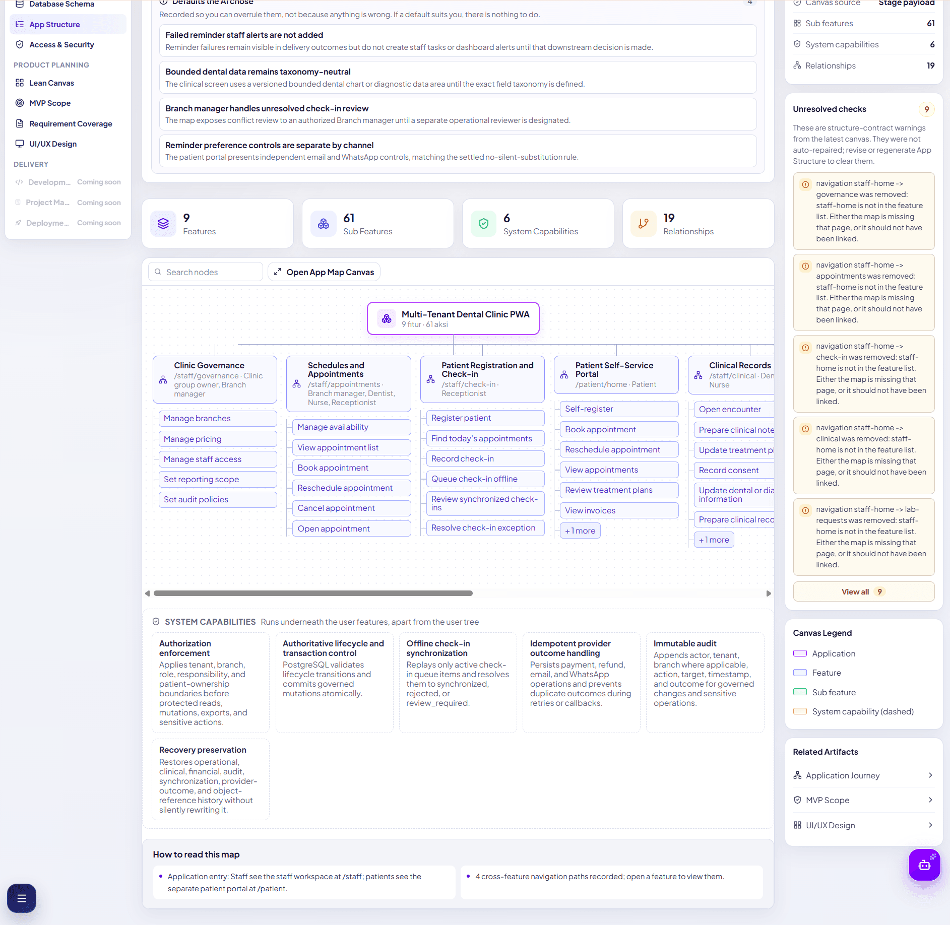 Dental clinic App Map page with the canvas and unresolved checks.