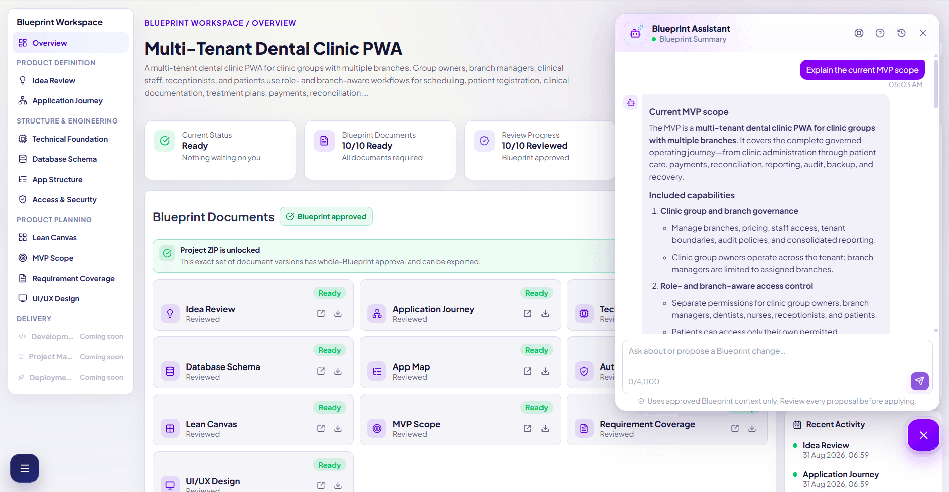Blueprint Assistant explaining the Multi-Tenant Dental Clinic PWA MVP scope.