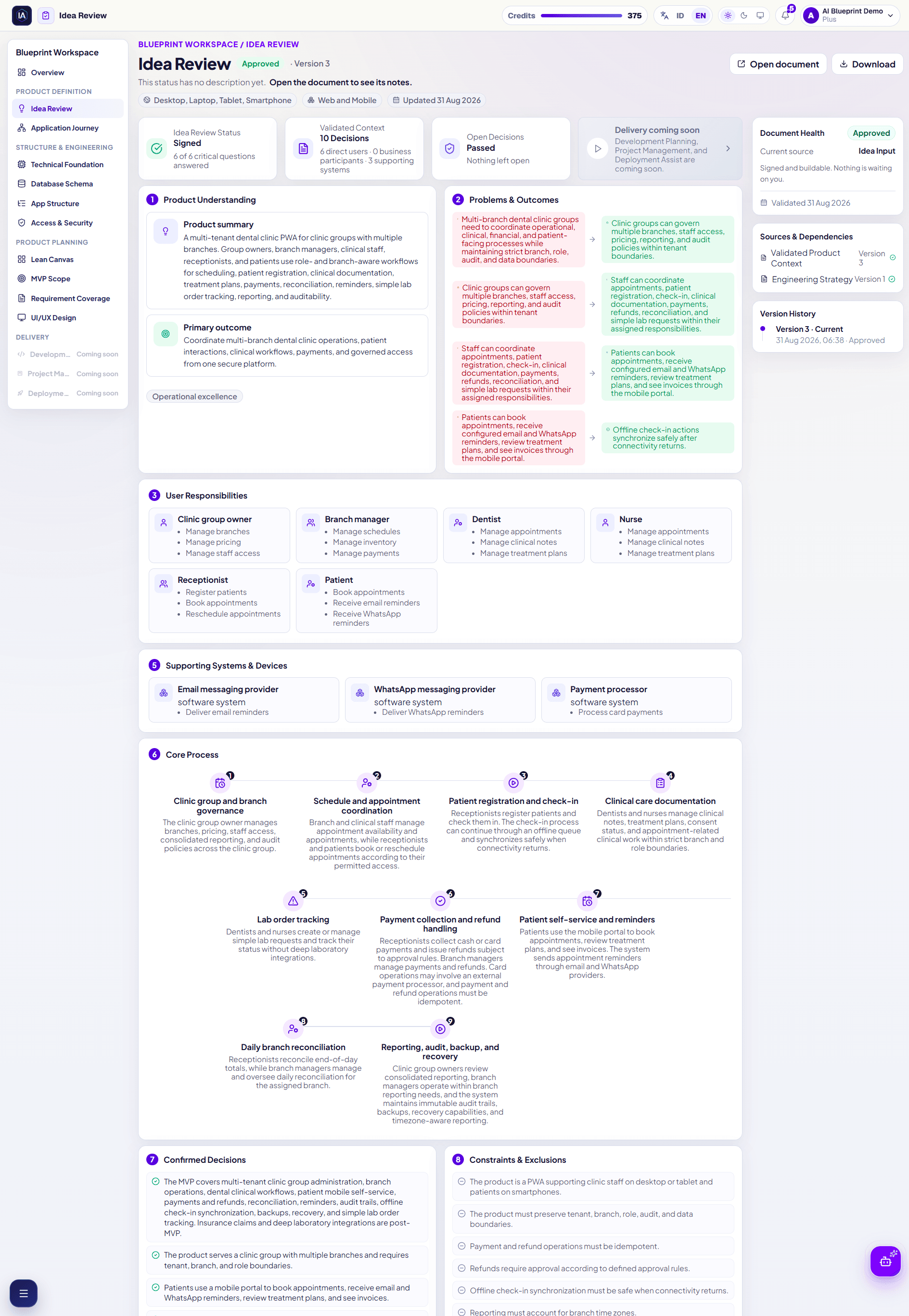 Multi-Tenant Dental Clinic PWA Idea Review showing the product summary and core process.